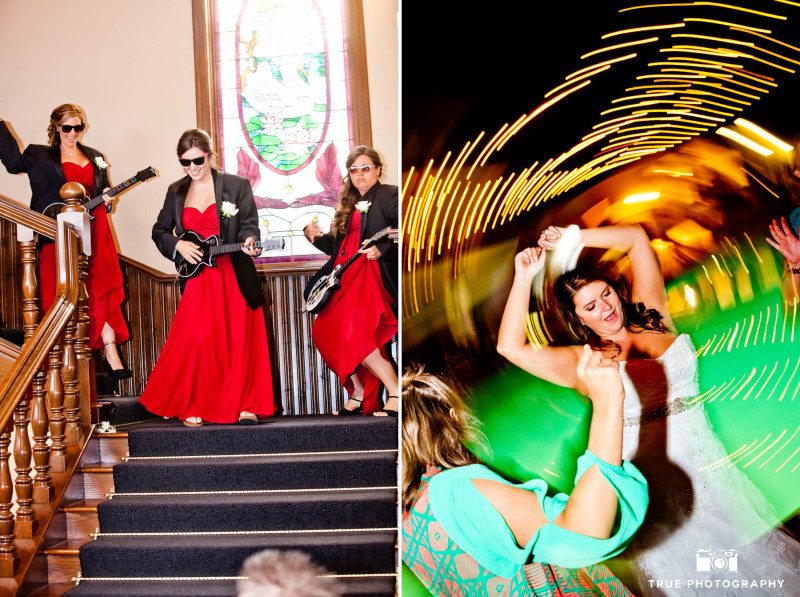 Bridesmaids make fun grand entrance and dance during wedding reception