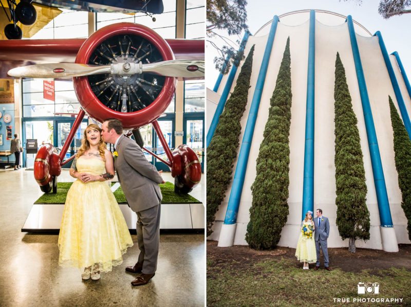 Bride and Groom pose in front of red plane at museum