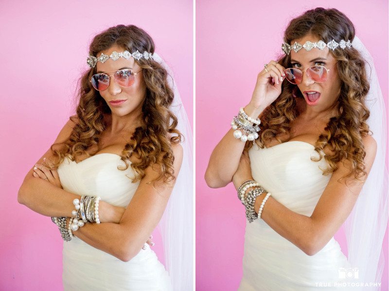 Modern, Stylistic bride poses with cool sunglasses