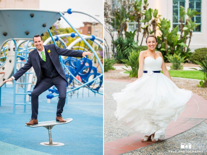Bride and Groom at Waterfront Park Playground