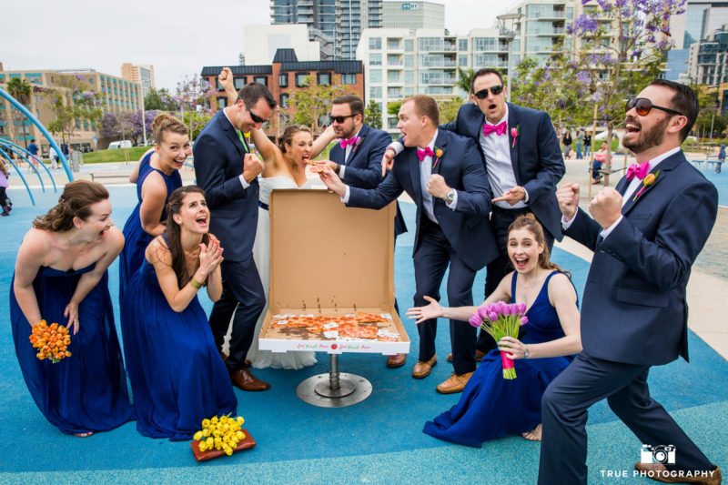Silly wedding rarty scored a pizza