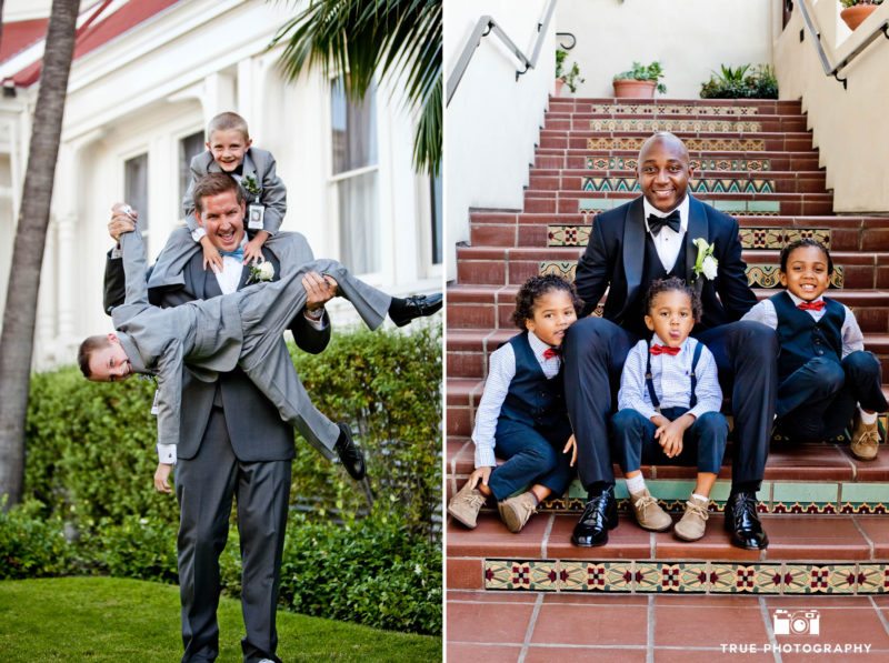 Grooms pose in silly way with young boys at wedding