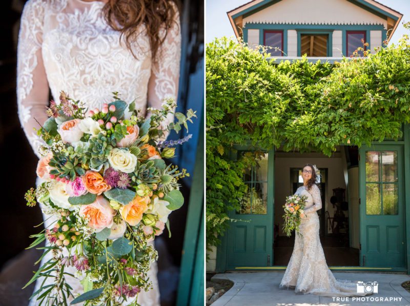 Bride solo portrait with colorful rustic bouquet in front of green doors