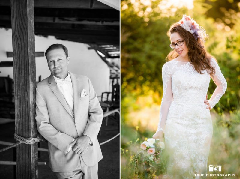 Solo photos of Bride and Groom during rustic wedding at spanish-style ranch