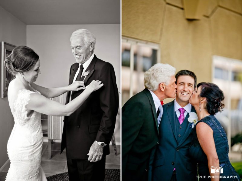 Parents kiss Groom on cheeks while Bride helps Dad during pre-ceremony