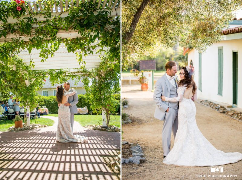 Bride and Groom's First Dance in Victorian Garden at Spanish-style venue during outdoor rustic wedding reception