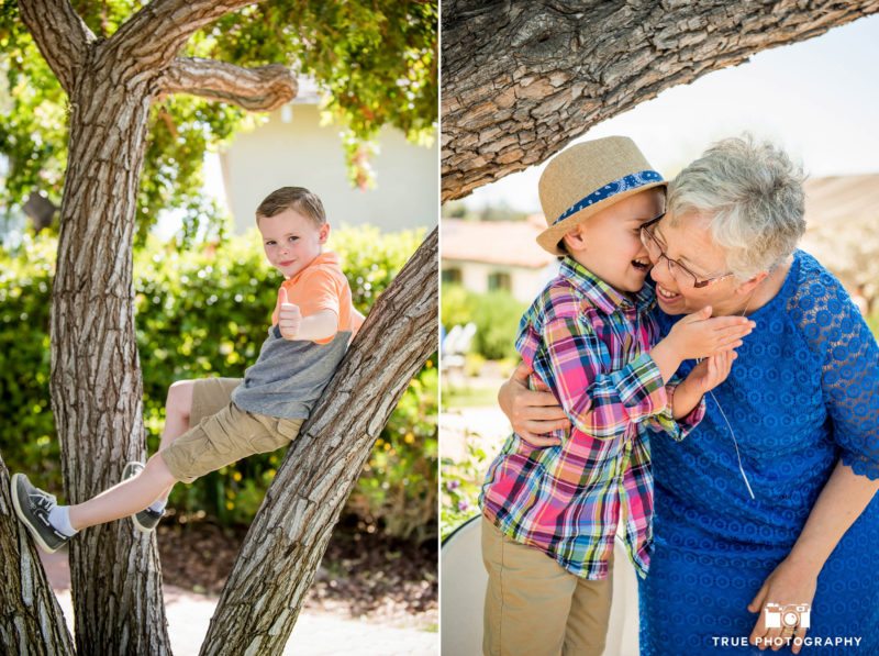 Cute kids climbing trees and playing with grandma during outdoor wedding reception in Victorian Garden