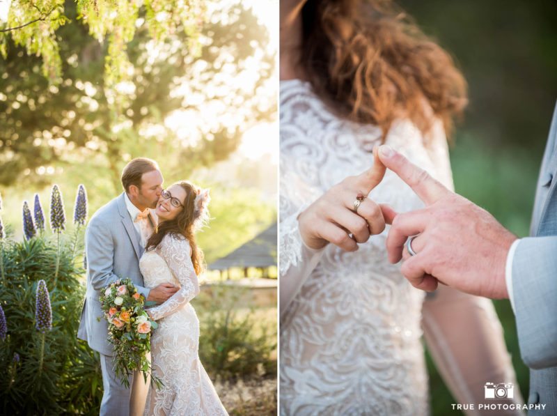 Bride and Groom portraits with golden natural light at spanish-style ranch