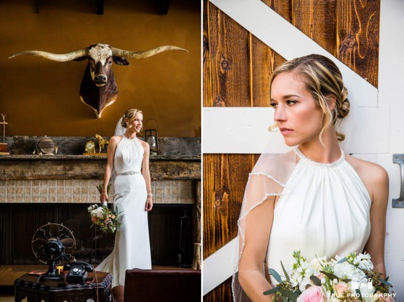 Modern bohemian bride in wedding dress by Casablanca Bridal while holding rustic bouquet