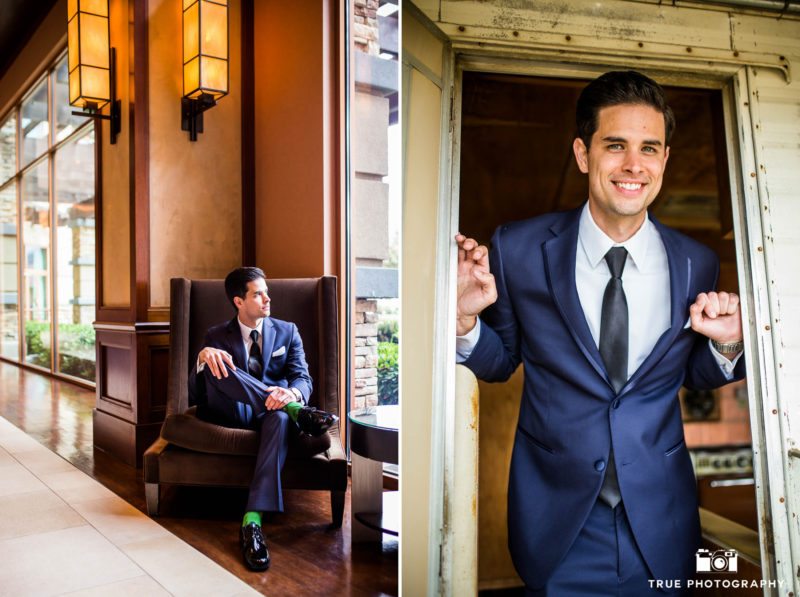 Modern Hipster Groom wearing tux from Men's Warehouse poses for photos