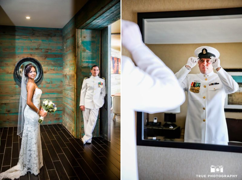 Military Wedding Couples get ready for the Wedding Day and pose for portraits in Hotel
