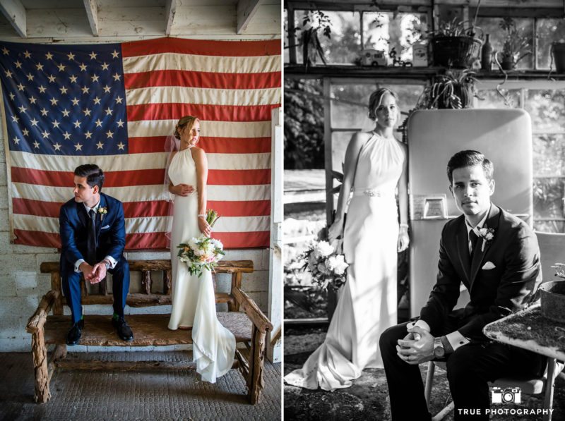 Modern Bohemian Bride and Groom pose for photos at rustic ranch