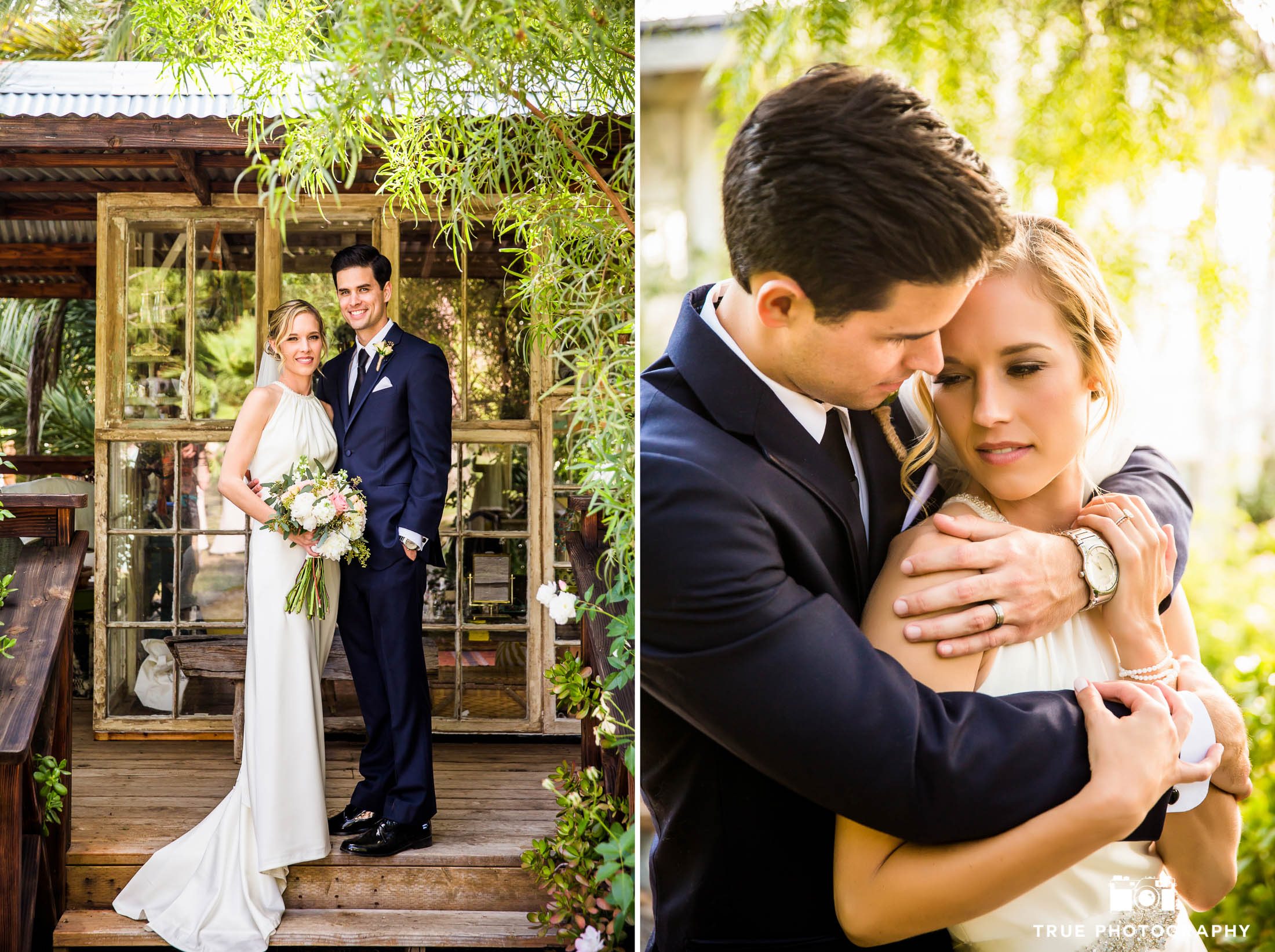 Modern bohemian wedding couple embrace one another before rustic outdoor wedding ceremony at Condor's Nest Ranch in Pala, California.