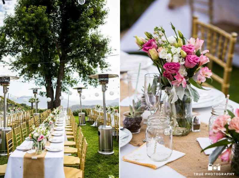Colorful pink, green and white centerpieces during rustic outdoor wedding reception on ranch