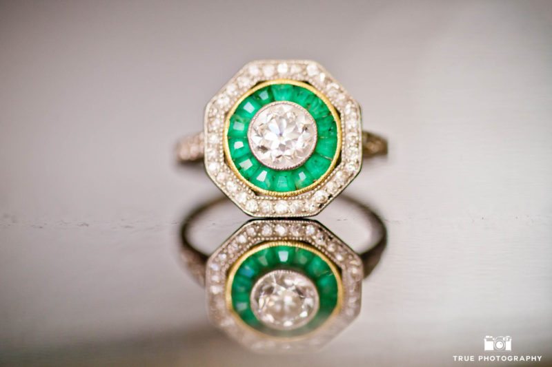 Bride's custom halo emerald green wedding ring