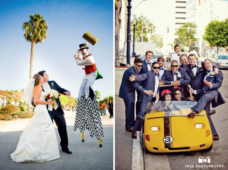 Bride and Groom pose with funny street performers