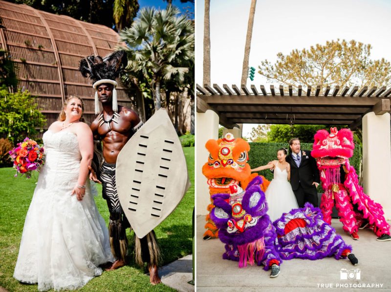 Bride and Groom make funny faces as they pose with local street performers