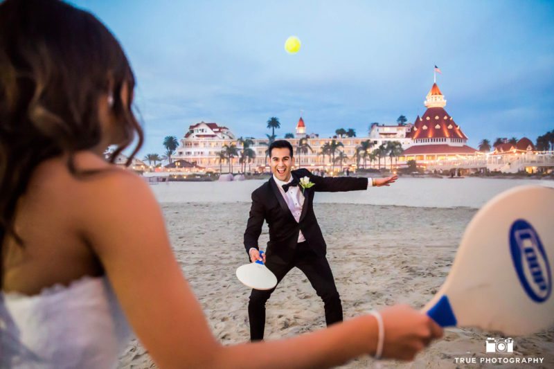 Groom's fun reaction to playing with Bride at Hotel Del Coronado