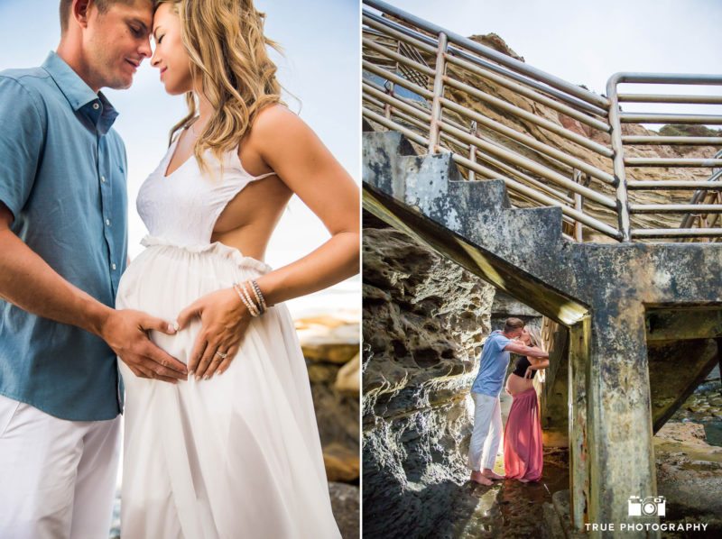 Married Couples embrace during beach maternity session
