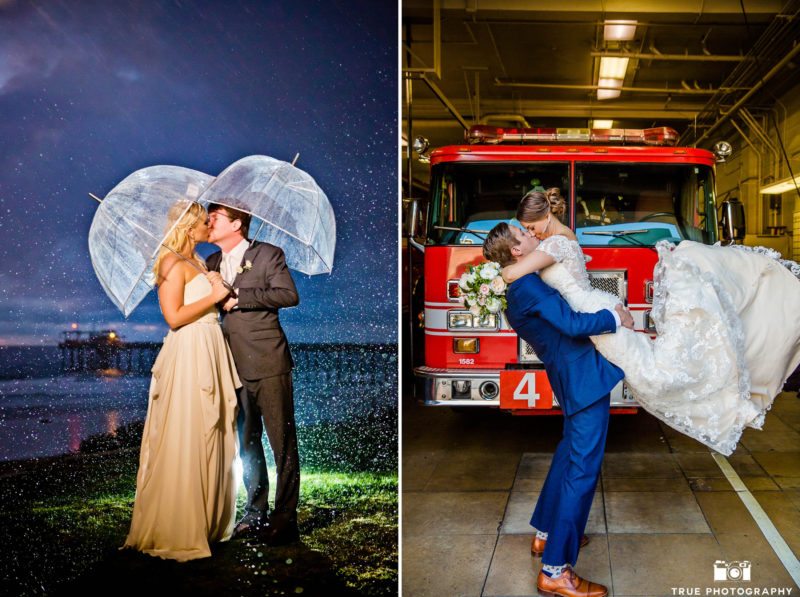 two couples kissing on their wedding day, in the rain at night and in front of a fire truck