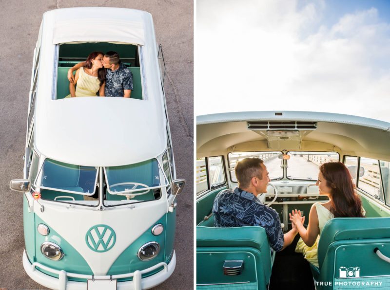 Two images of Engaged couple holding hands and kissing in Volkswagen bus during beach engagement session
