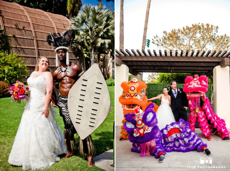 Bride and Groom make funny faces as they pose with local street performers
