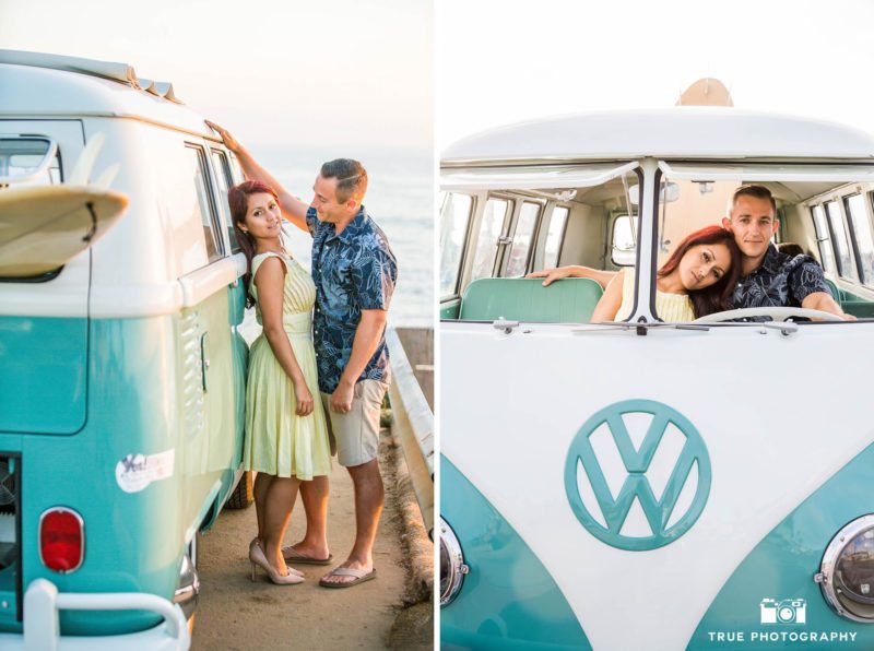 Two images of engaged couple leaning against and sitting in vintage Volkswagen bus on beach