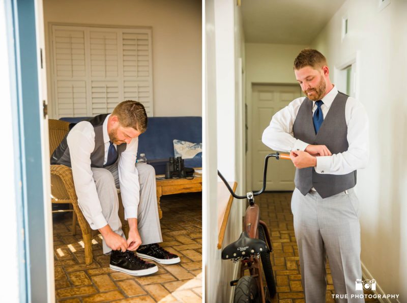 Groom tying his shoes.