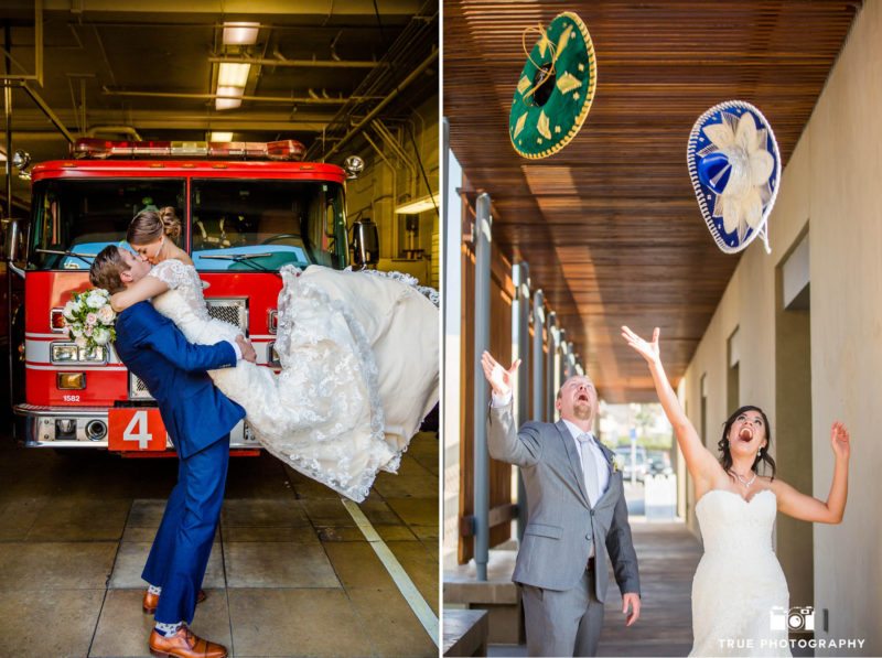 Spontaneous bride and groom have fun on their wedding day