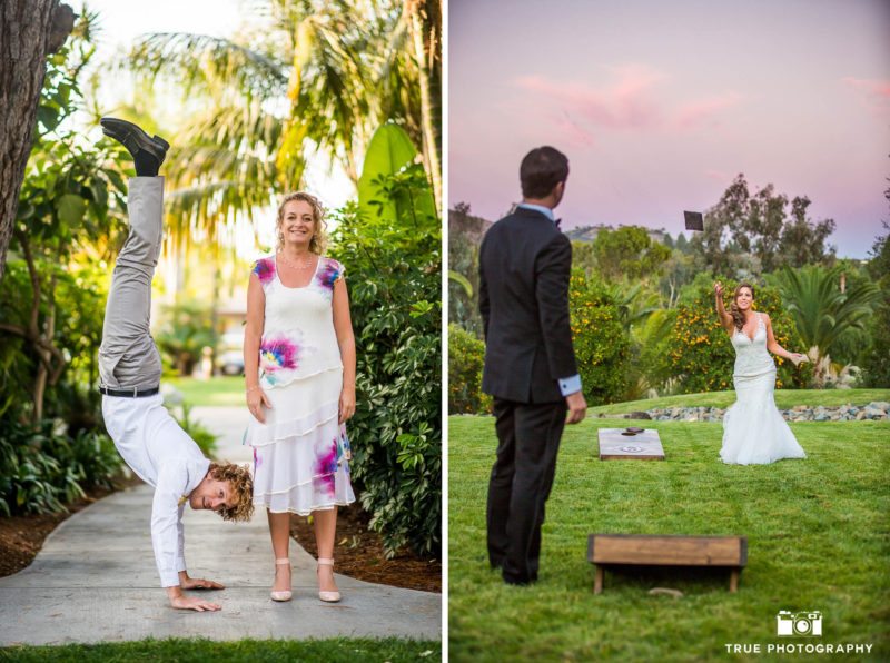Creative action shots with a headstand and cornhole