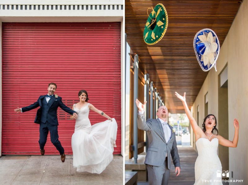 Creative action shots of couple jumping and throwing hats
