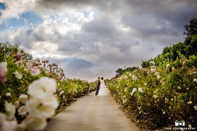 Husband and wife share romance on a garden pathway