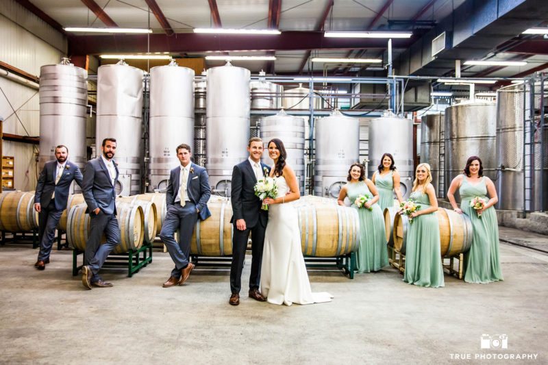 wedding couple with bridal party in cellar room at vineyard