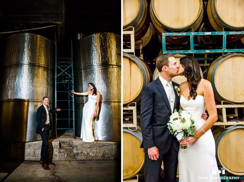 Bride and Groom kissing in cellar room at vineyard