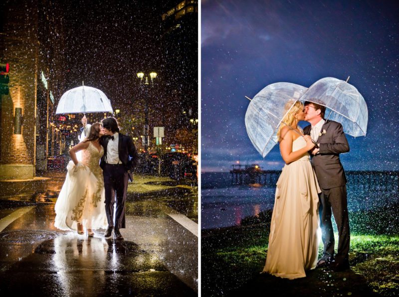 Adventurous newlyweds embrace the rain.