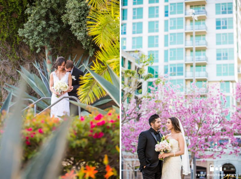 Bride and groom surrounded by flowers at Petco Park