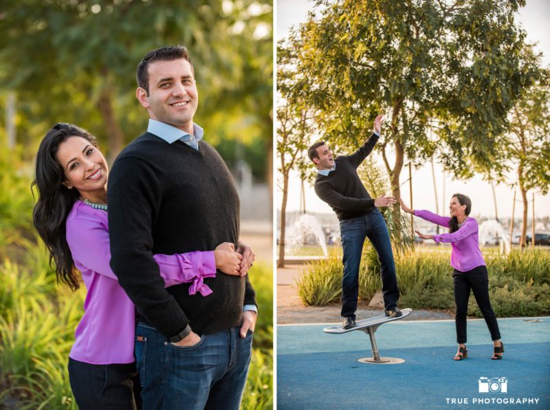 Fun engagement session with future bride and groom playing around at Waterfront Park