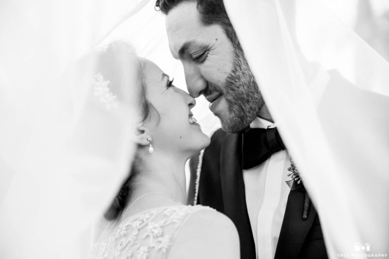 elegant black and white wedding couple with veil