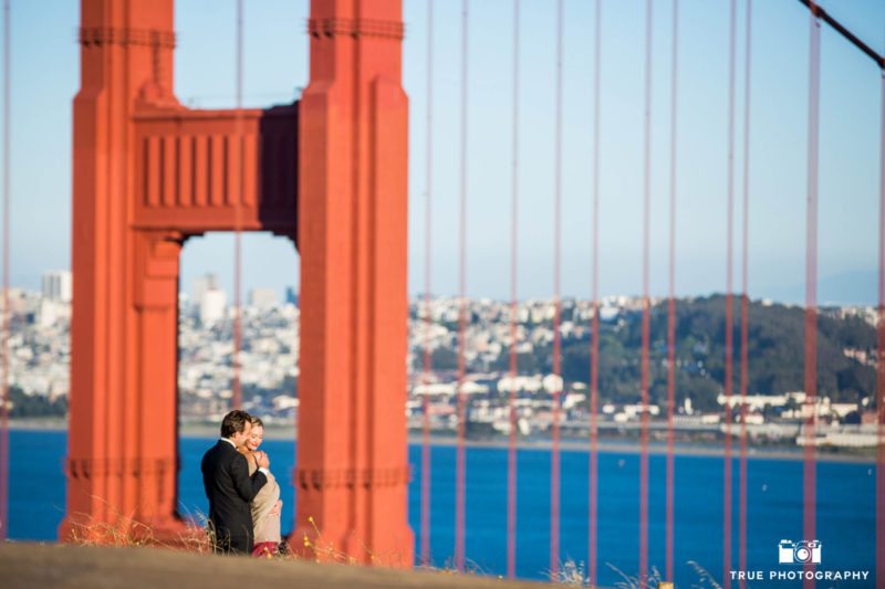Wide-angle engagement photo at Golden Gate Bridge