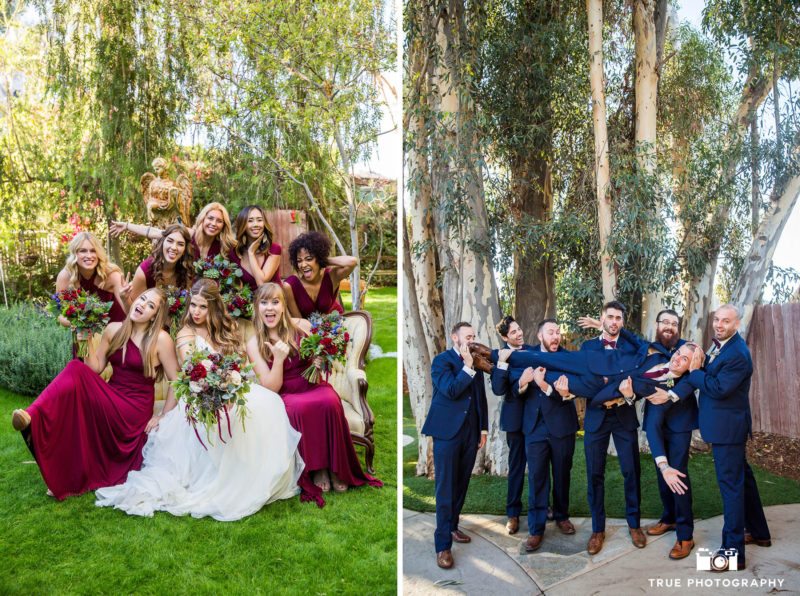 Funny group photo of bridesmaids and groomsmen