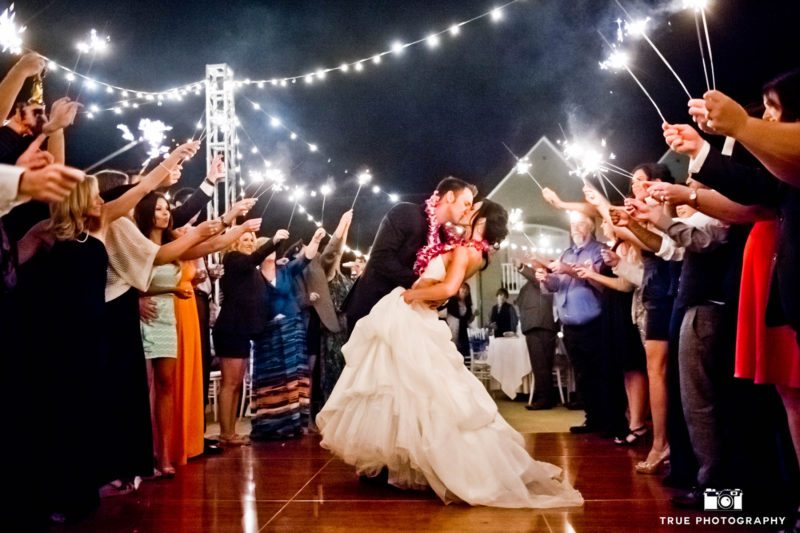 Guest hold up their sparklers for the bride and groom's final exit