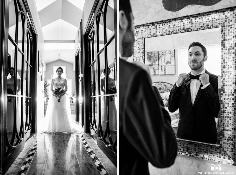 Classic black and white mirror photo of wedding couple