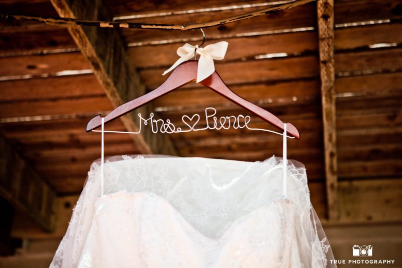 Bride's Custom Wedding Dress Hanger on Wedding Day