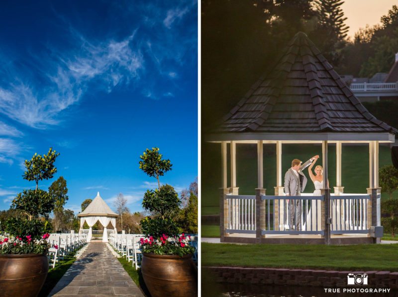 Bride and groom dance in the gazebo for an evening shot