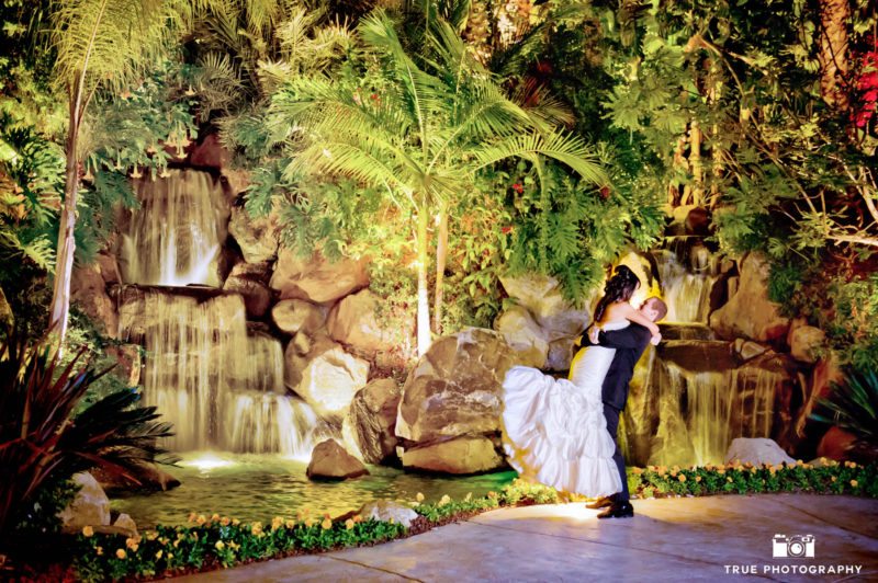 Grooms picks up his bride in front of waterfalls