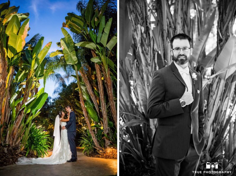 Bride and groom pose in front of lush tropical trees