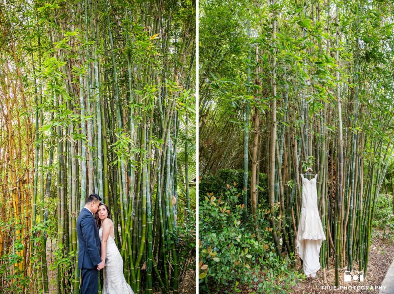 Wedding dress hung in bamboo to feature the dress