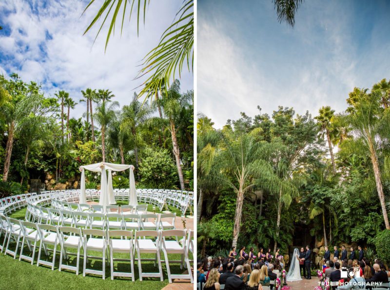 Arbor terrace ceremony site surrounded by lush garden