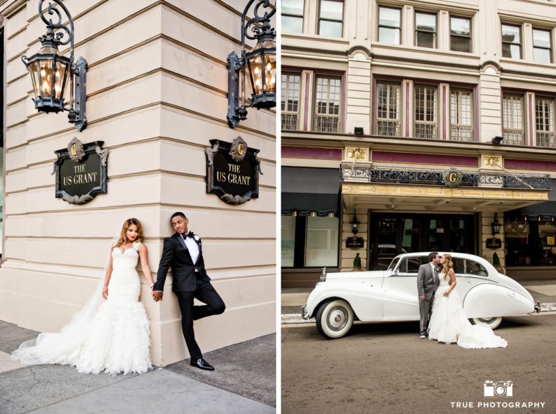 Bride and Groom portraits outside the US Grant Hotel
