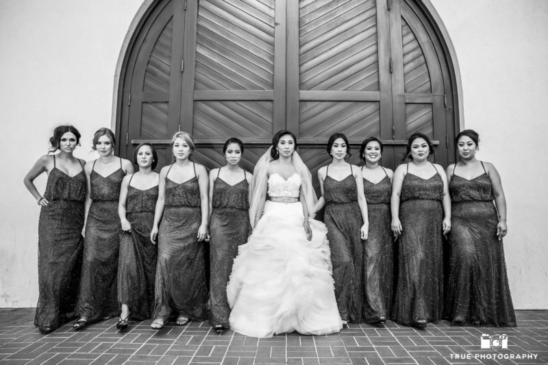 bride with bridesmaids in downtown san diego california